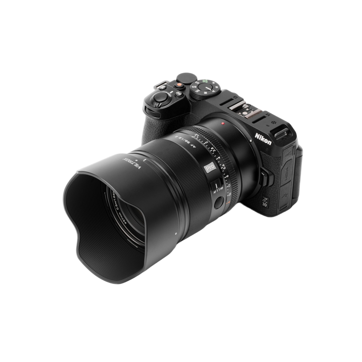 Schwarzes Viltrox Objektiv mit Gehäuse und Blende